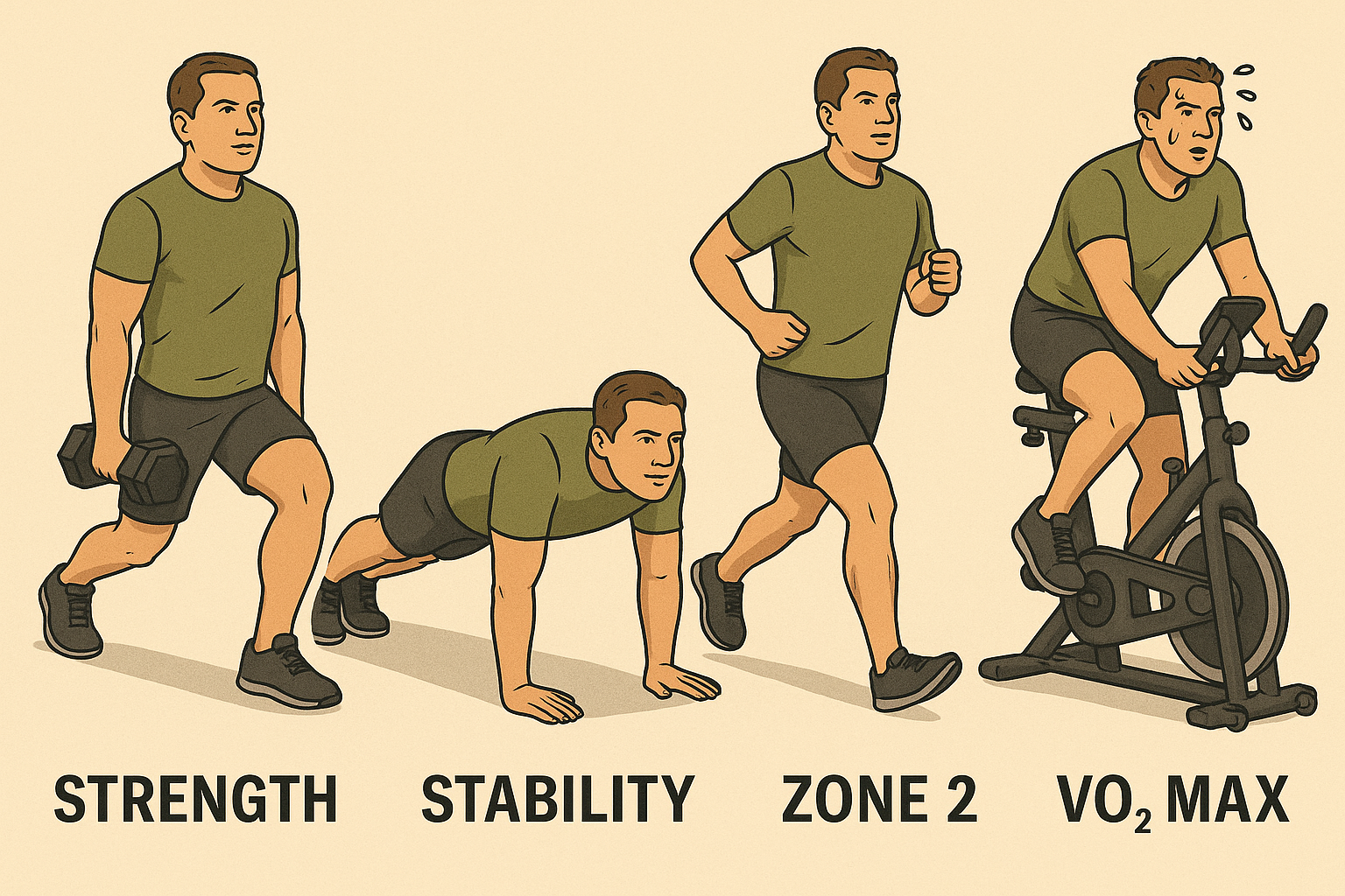 A middle-aged man performing the four key exercise types for longevity: dumbbell lunges for strength, plank for stability, jogging for Zone 2 cardio, and indoor cycling for VO₂ max.