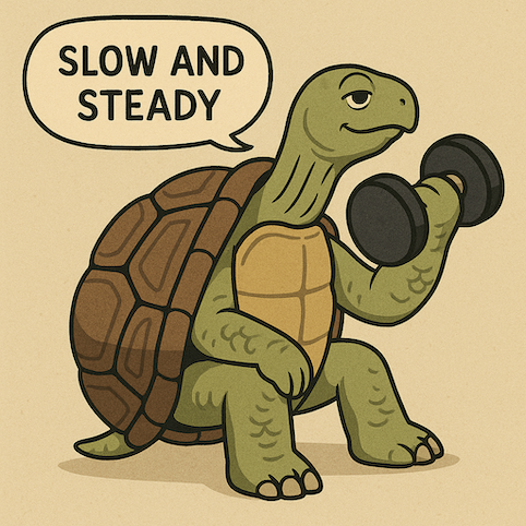 Cartoon tortoise sitting and performing a bicep curl with a dumbbell, smiling calmly with a speech bubble that says “Slow and Steady,” symbolizing patient, consistent strength training.